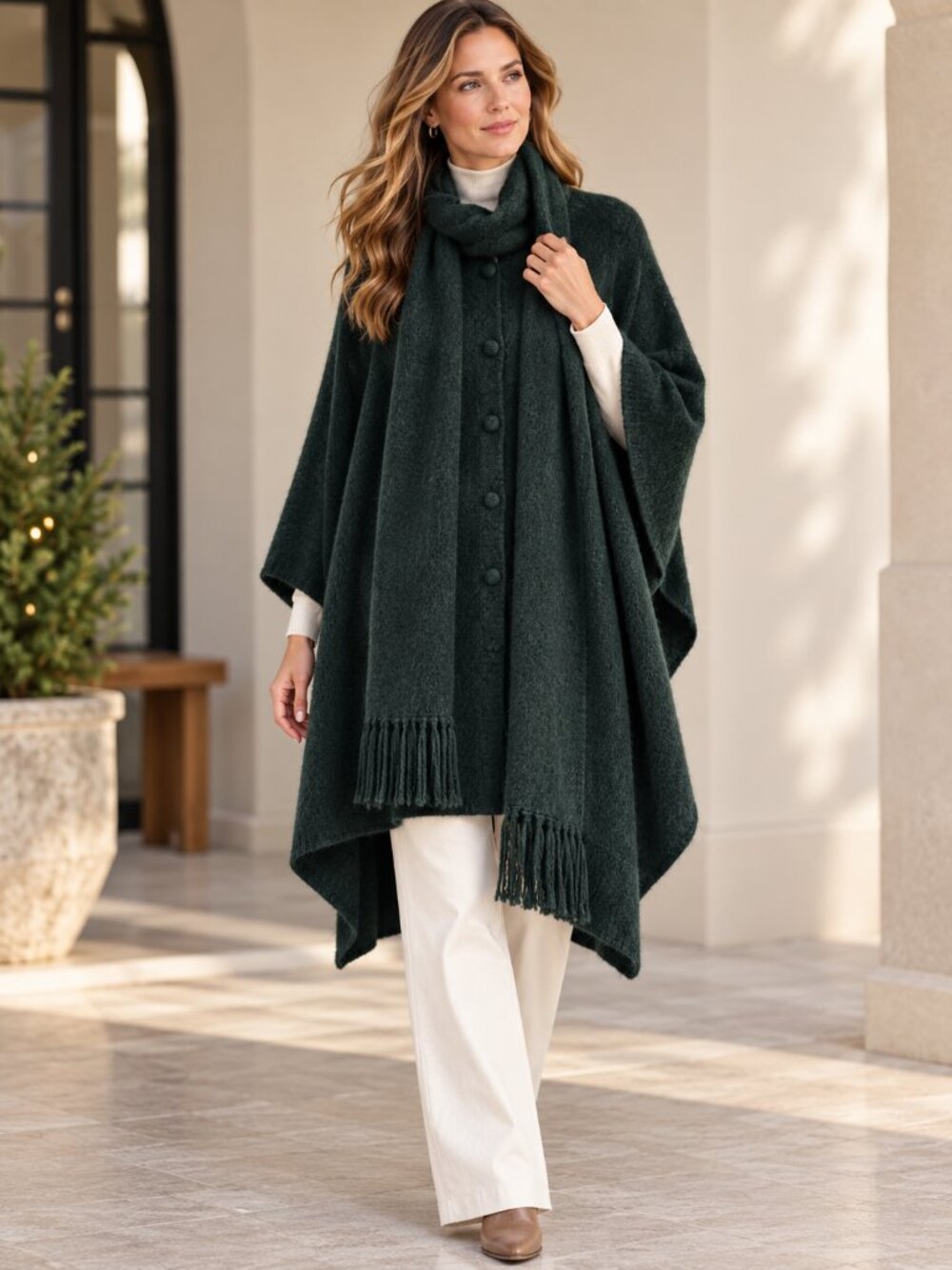 100% Alpaca Cape Attached Scarf Dark Green Button Front Made in Peru OS